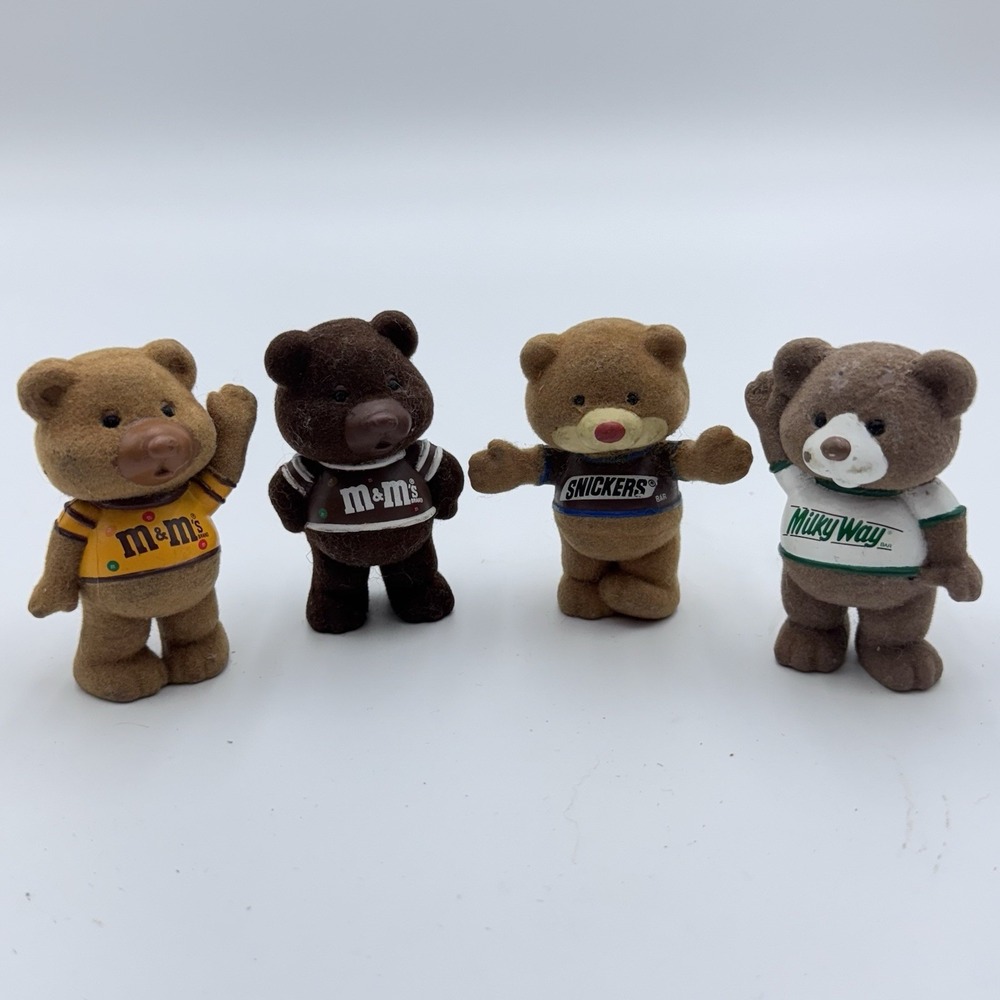 4 VTG 1987 Mars Flocked Fuzzy Teddy Bear Plain + Peanut M&Ms Milky Way‎ Snickers